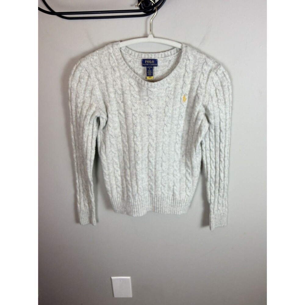 Polo Ralph Lauren Girls Cable Knit Sweater Grey Yellow Pony Size 12-14